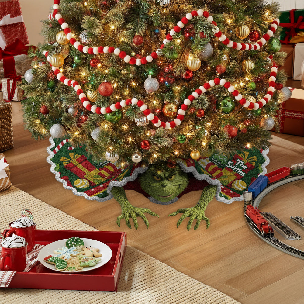 Personalized Grinchmas Shaped Tree Skirt Custom Holiday Décor Shaped Tree Skirt GradoCreations