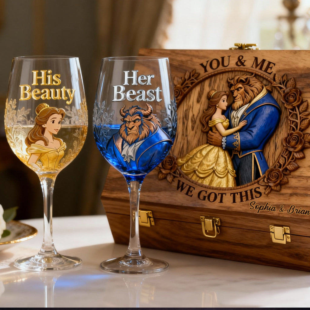 Personalized Beauty and The Beast Wine Glasses Set with Wooden Box for Couples Wine Glasses Set With Wooden Box GradoCreations
