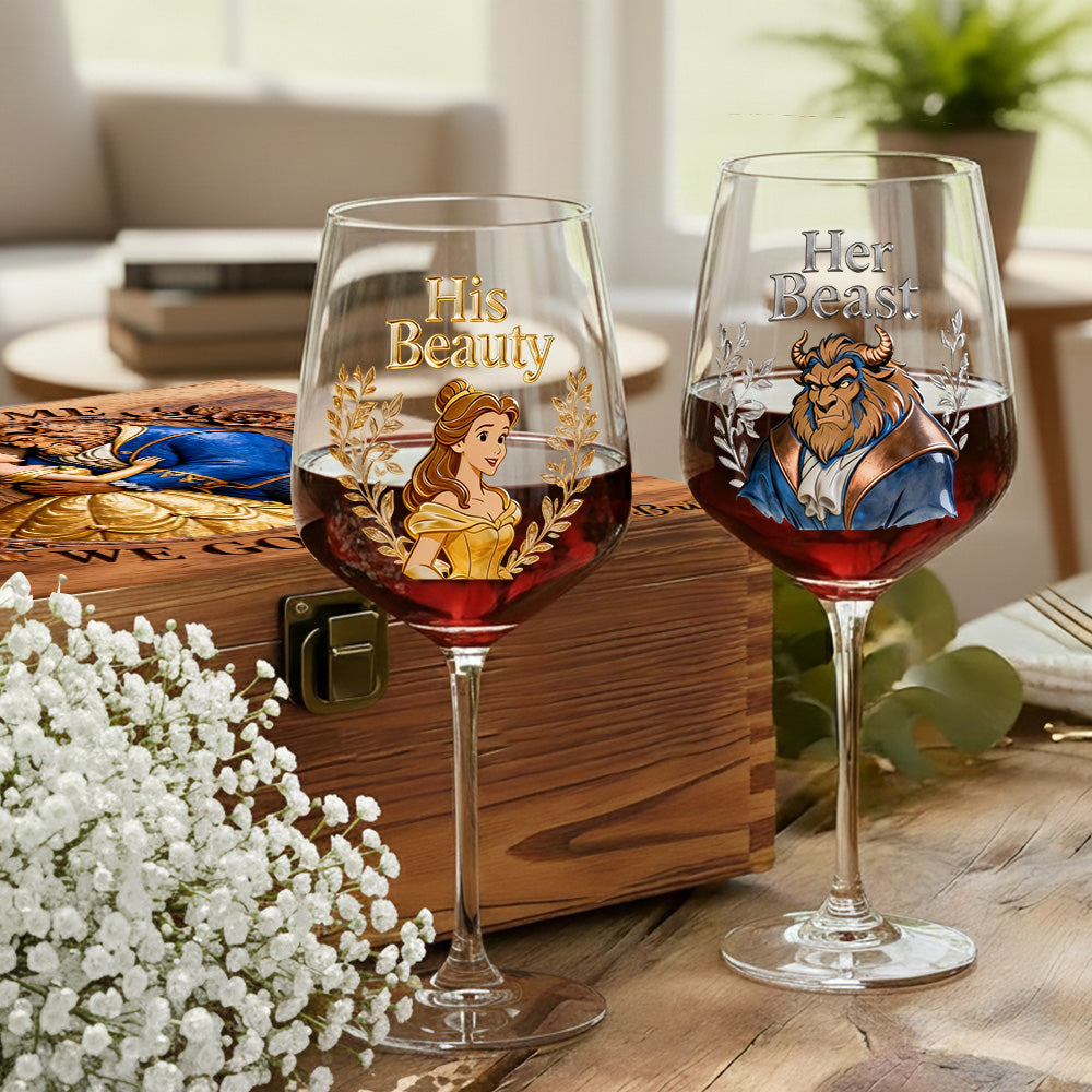 Personalized Beauty and The Beast Wine Glasses Set with Wooden Box for Couples Wine Glasses Set With Wooden Box GradoCreations