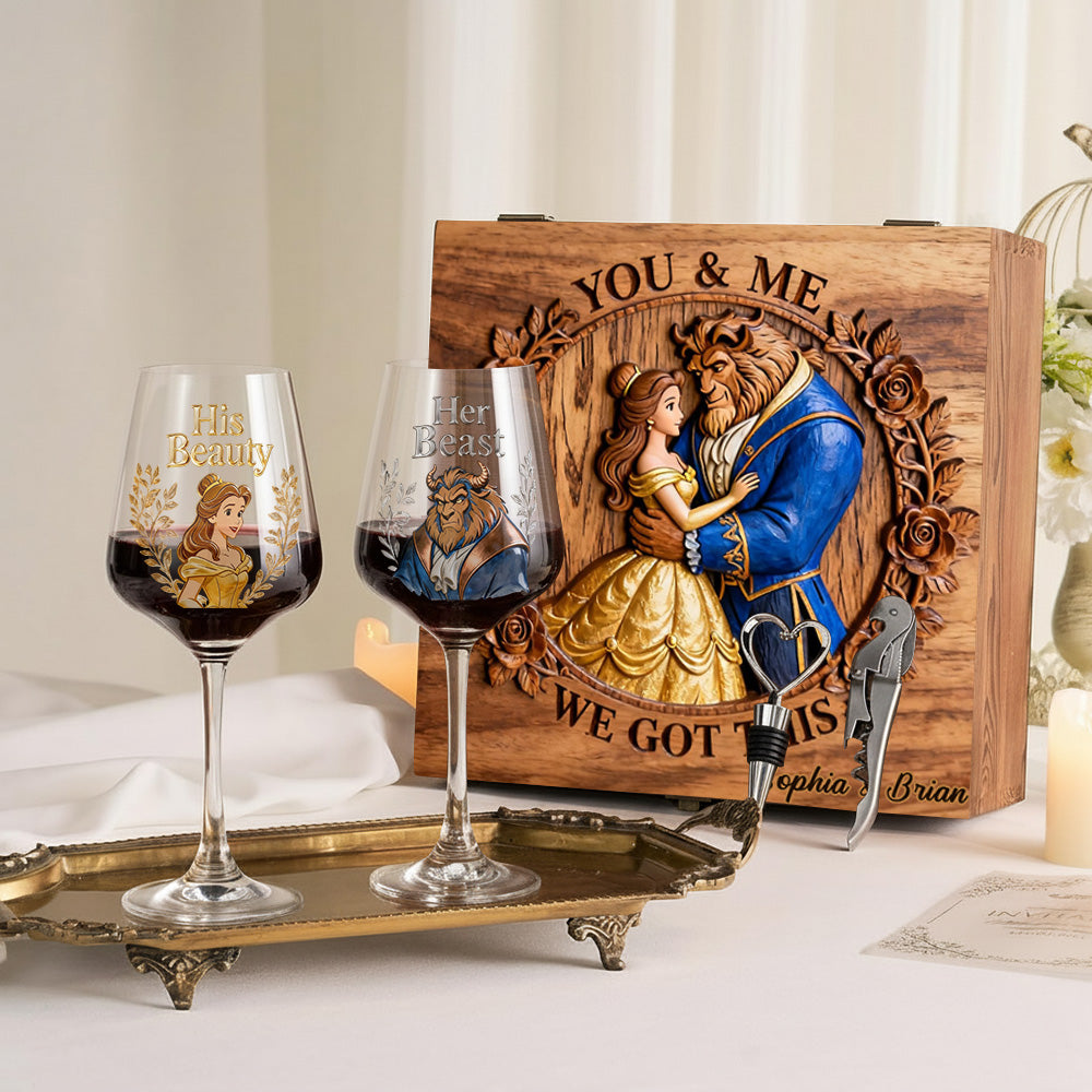 Personalized Beauty and The Beast Wine Glasses Set with Wooden Box for Couples Wine Glasses Set With Wooden Box GradoCreations
