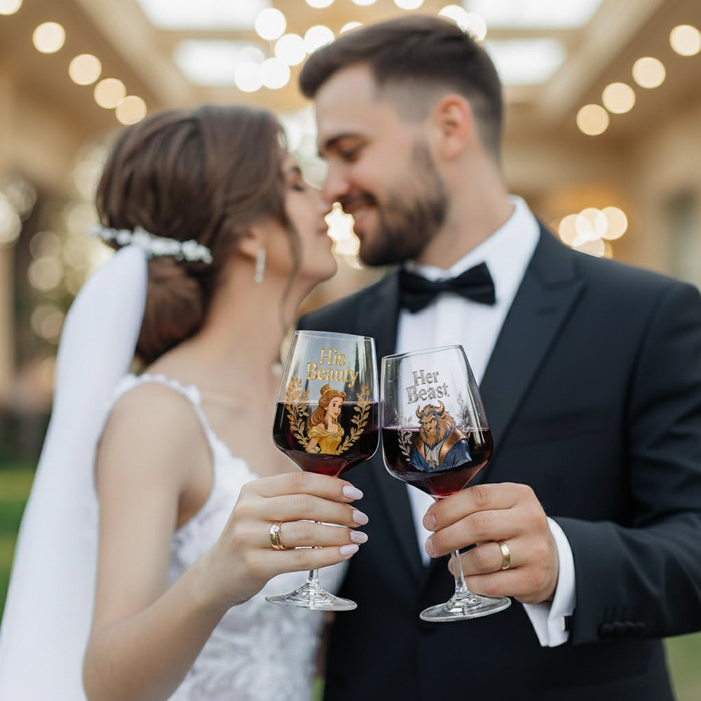 Personalized Beauty and The Beast Wine Glasses Set with Wooden Box for Couples Wine Glasses Set With Wooden Box GradoCreations