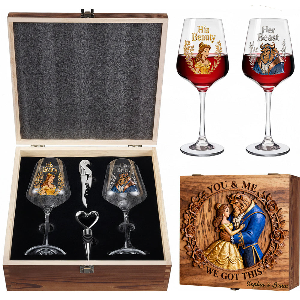 Personalized Beauty and The Beast Wine Glasses Set with Wooden Box for Couples Wine Glasses Set With Wooden Box GradoCreations