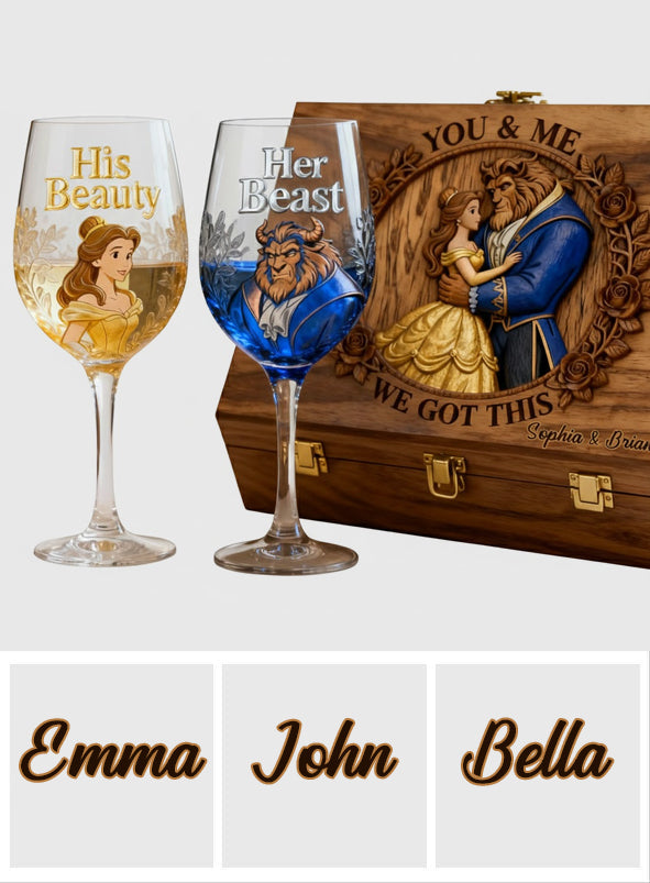 Personalized Beauty and The Beast Wine Glasses Set with Wooden Box for Couples Wine Glasses Set With Wooden Box GradoCreations