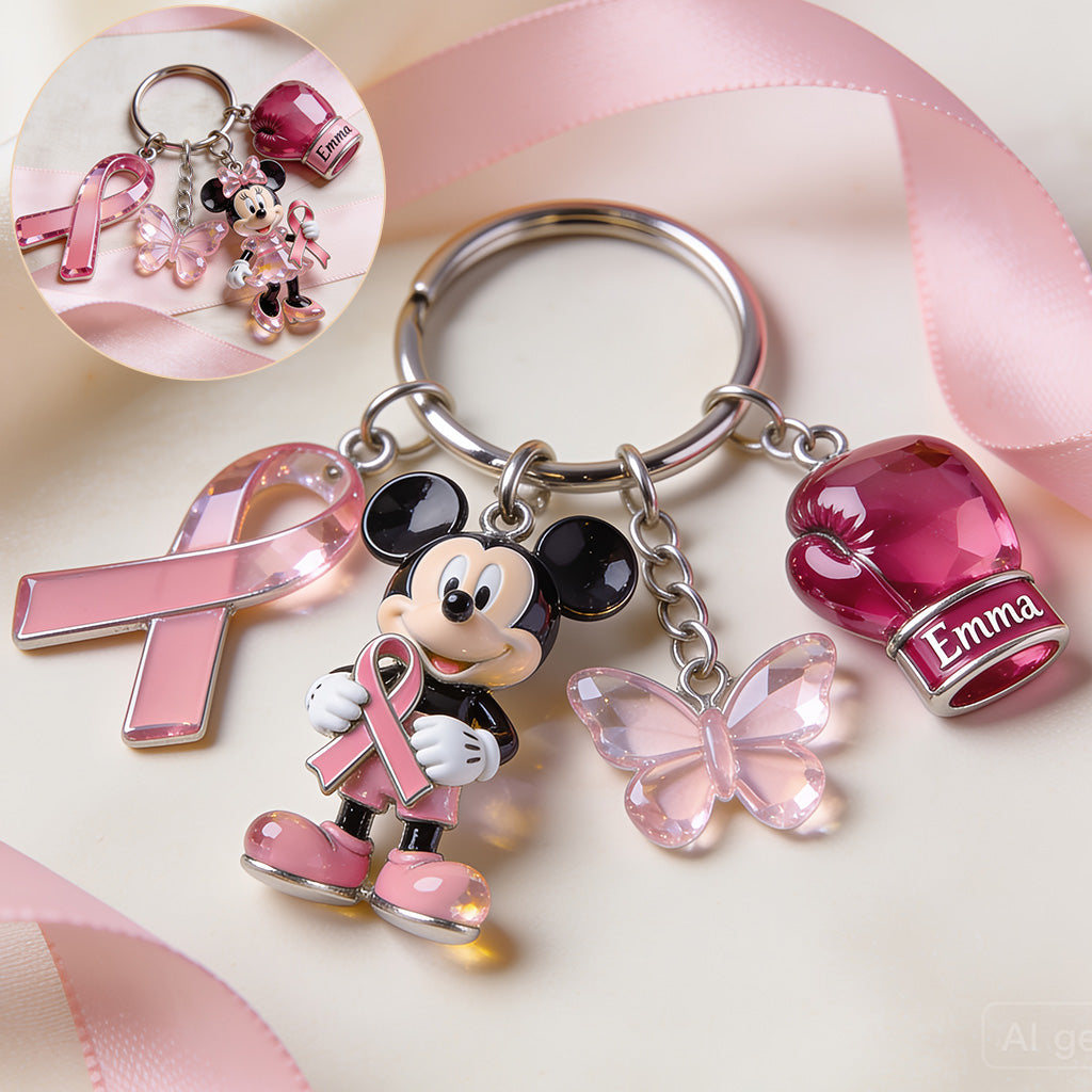 Personalized Breast Cancer Awareness Keychain with Charms | Custom Name Gift Premium Keychain With Charms GradoCreations