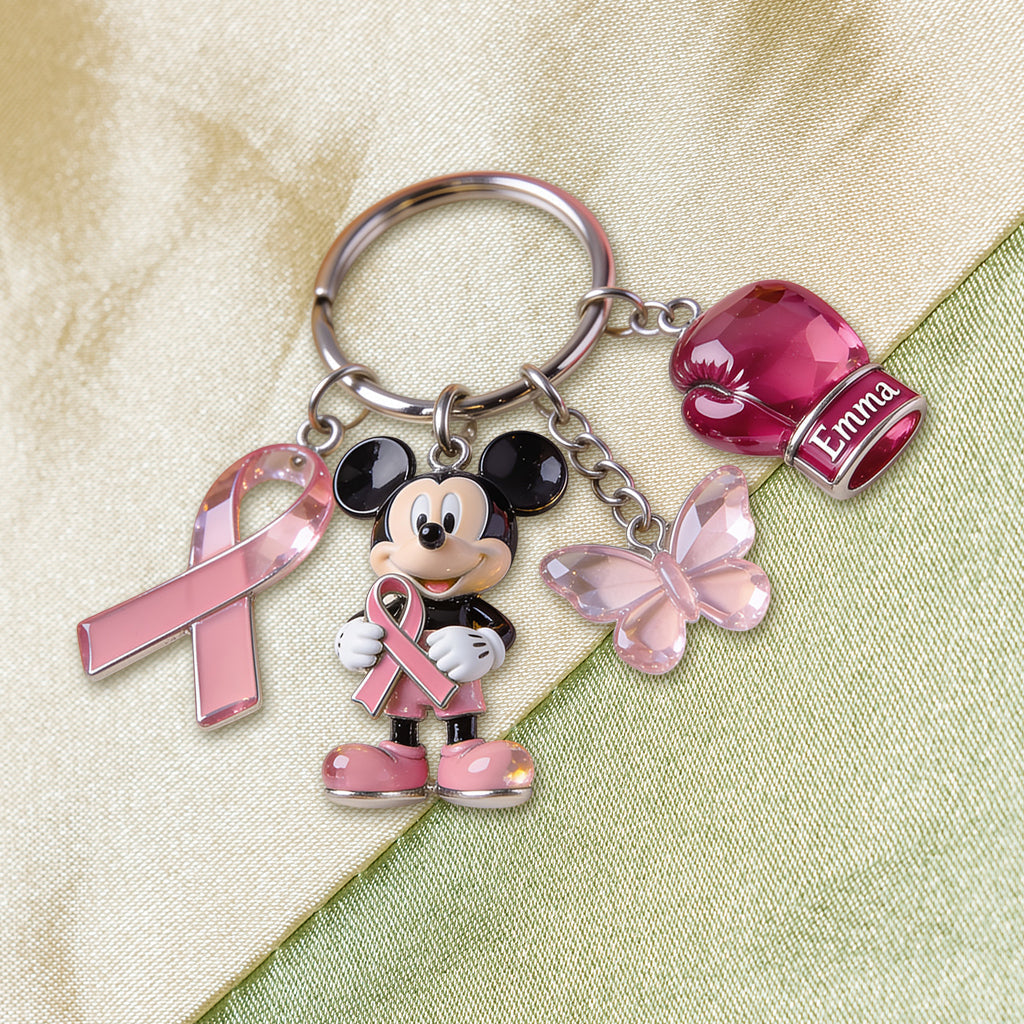 Personalized Breast Cancer Awareness Keychain with Charms | Custom Name Gift Premium Keychain With Charms GradoCreations