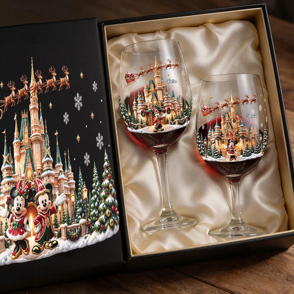 Personalized Disney Christmas Wine Glasses Set with Wooden Box Wine Glasses Set With Wooden Box GradoCreations