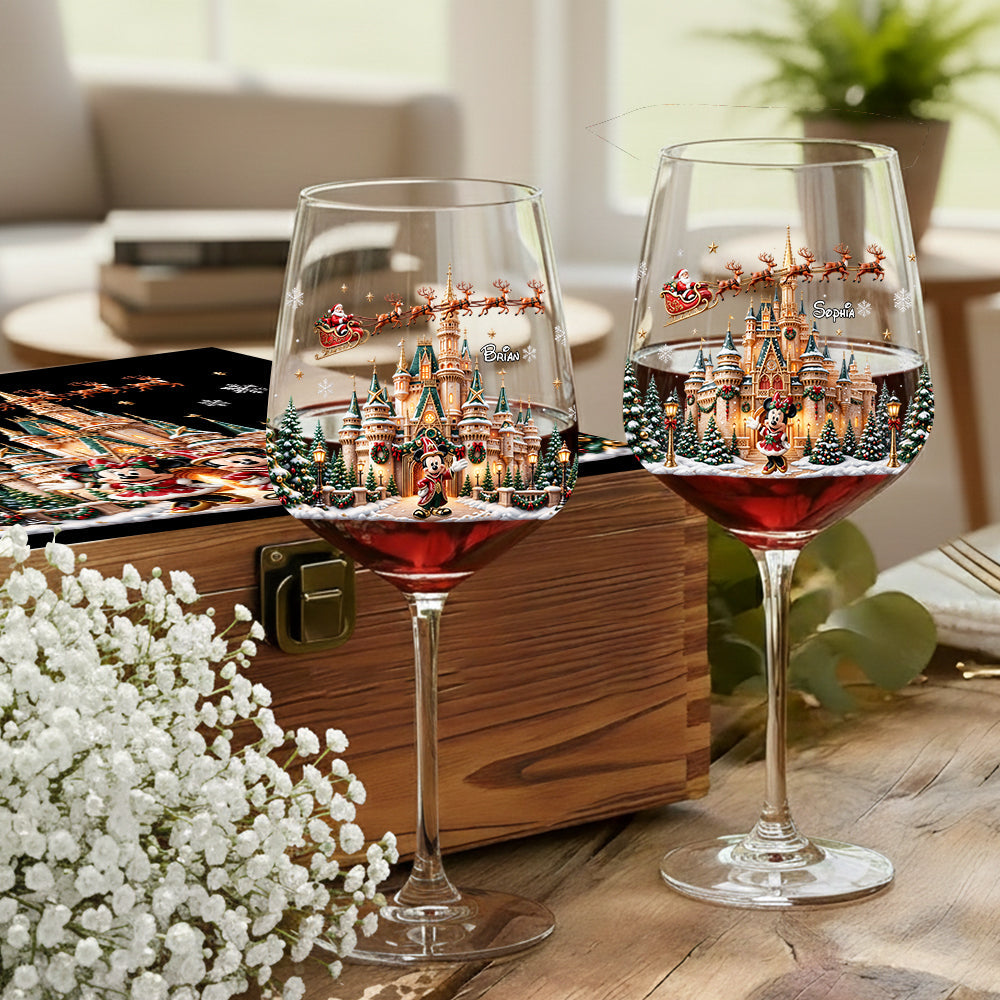 Personalized Disney Christmas Wine Glasses Set with Wooden Box Wine Glasses Set With Wooden Box GradoCreations