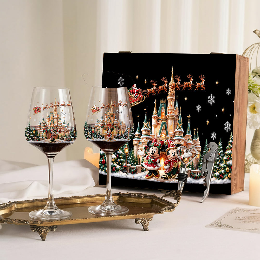 Personalized Disney Christmas Wine Glasses Set with Wooden Box Wine Glasses Set With Wooden Box GradoCreations