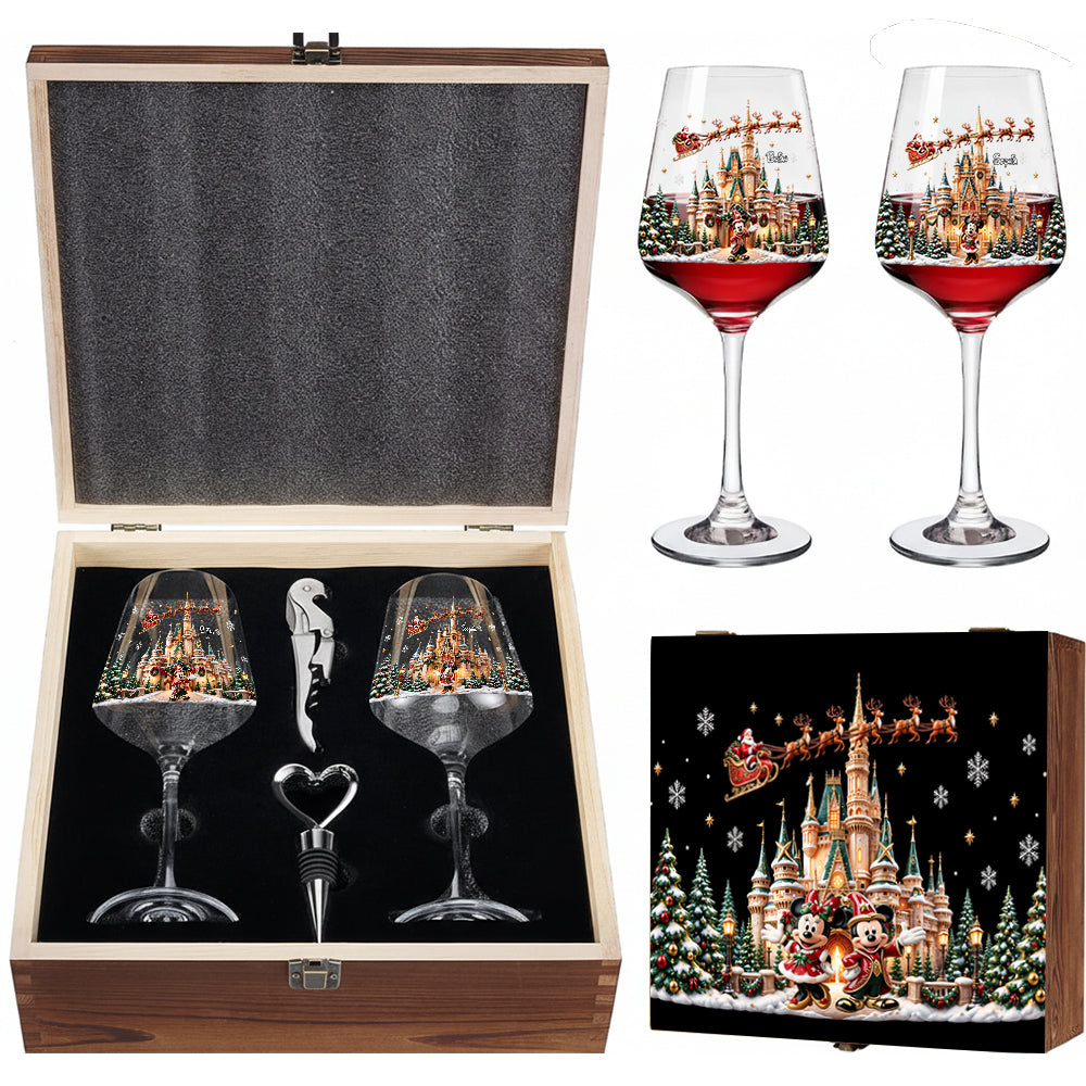 Personalized Disney Christmas Wine Glasses Set with Wooden Box Wine Glasses Set With Wooden Box GradoCreations