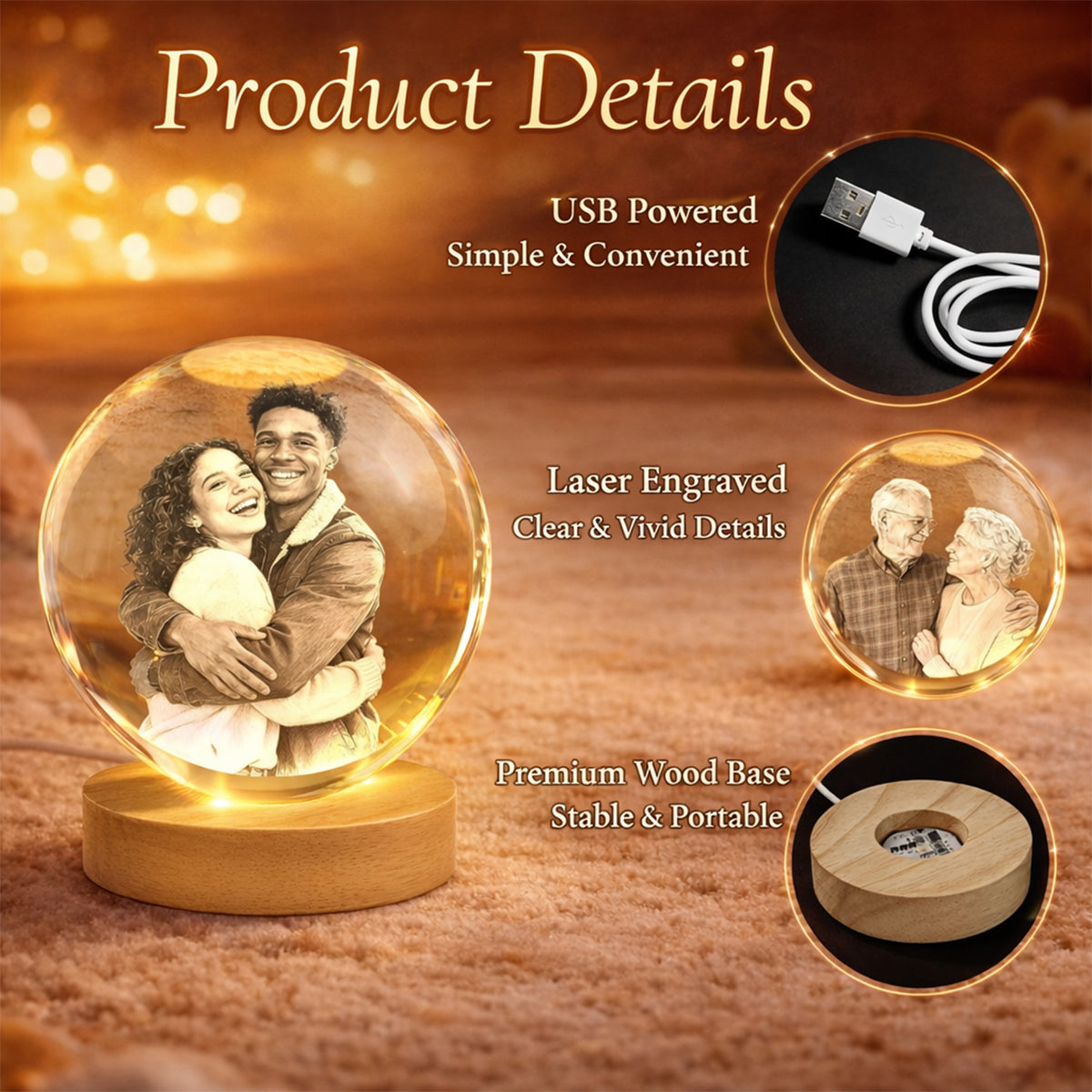 Personalized 3D Couple Crystal Ball Night Light Gift Crystal Ball Night Light GradoCreations