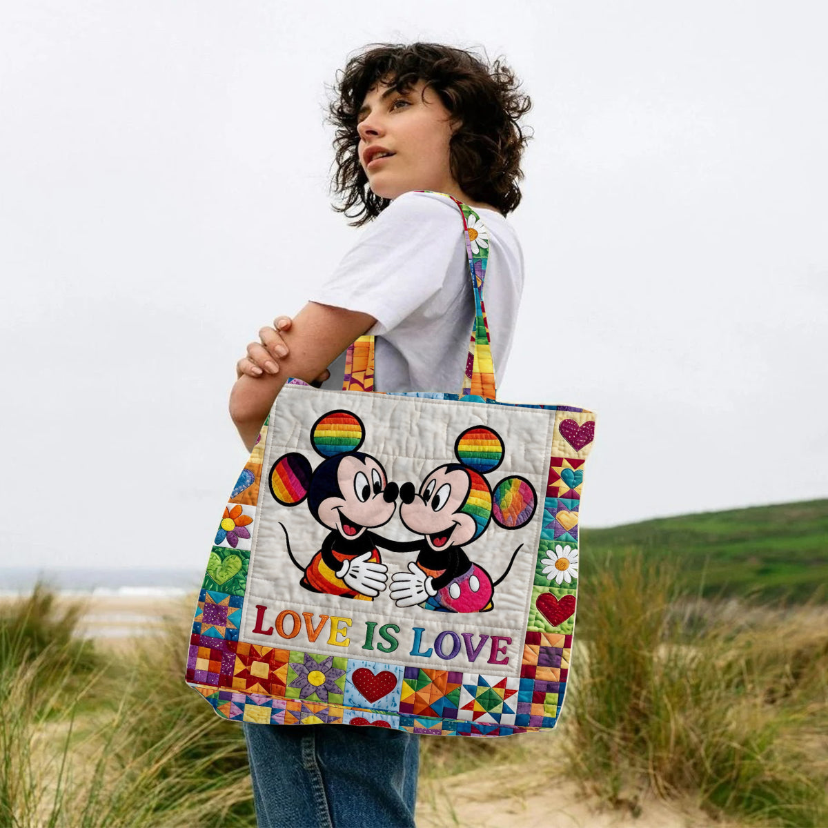 Personalized LGBT Pride Quilted Tote Bag with Cartoon Mouse Art Quilted Tote Bag GradoCreations
