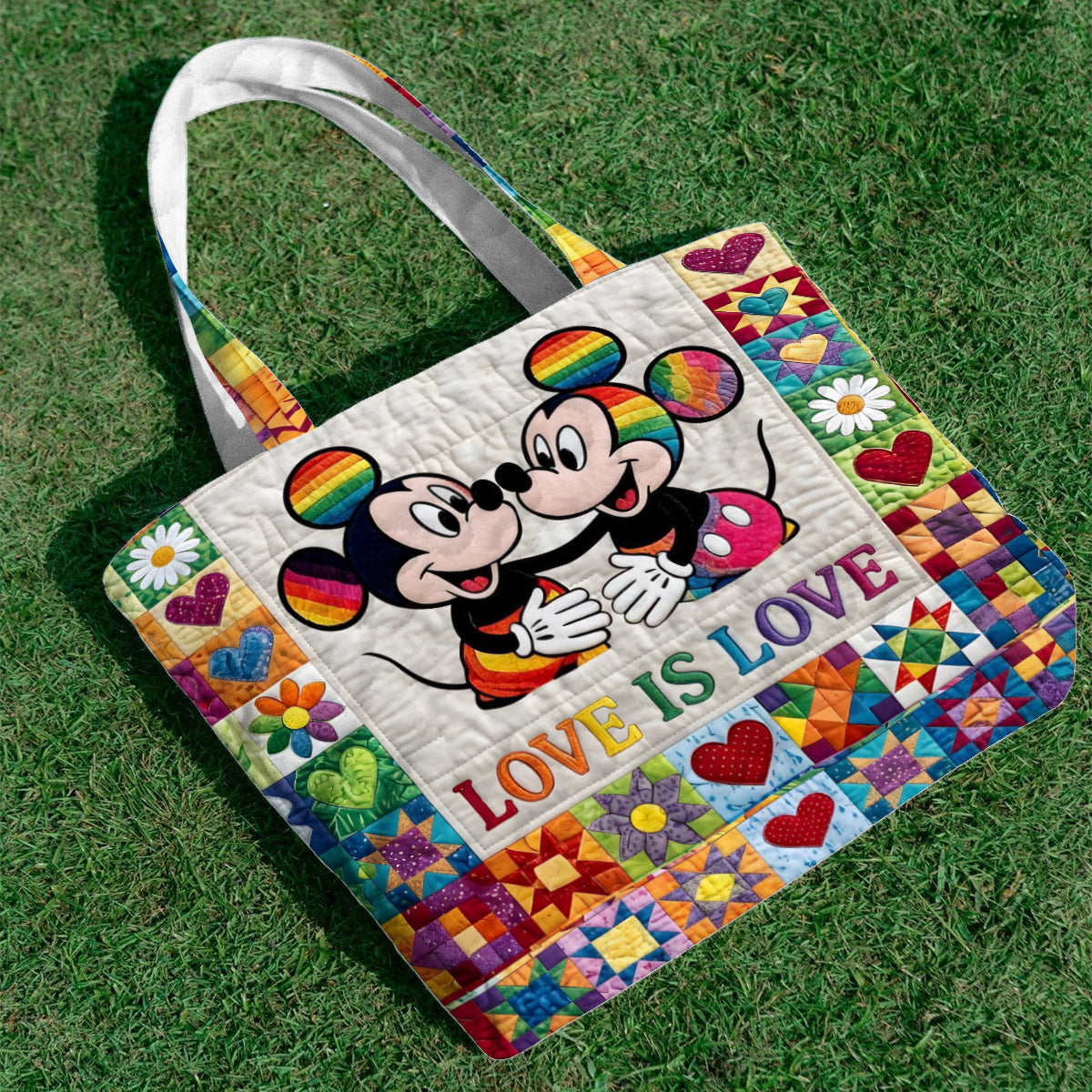 Personalized LGBT Pride Quilted Tote Bag with Cartoon Mouse Art Quilted Tote Bag GradoCreations