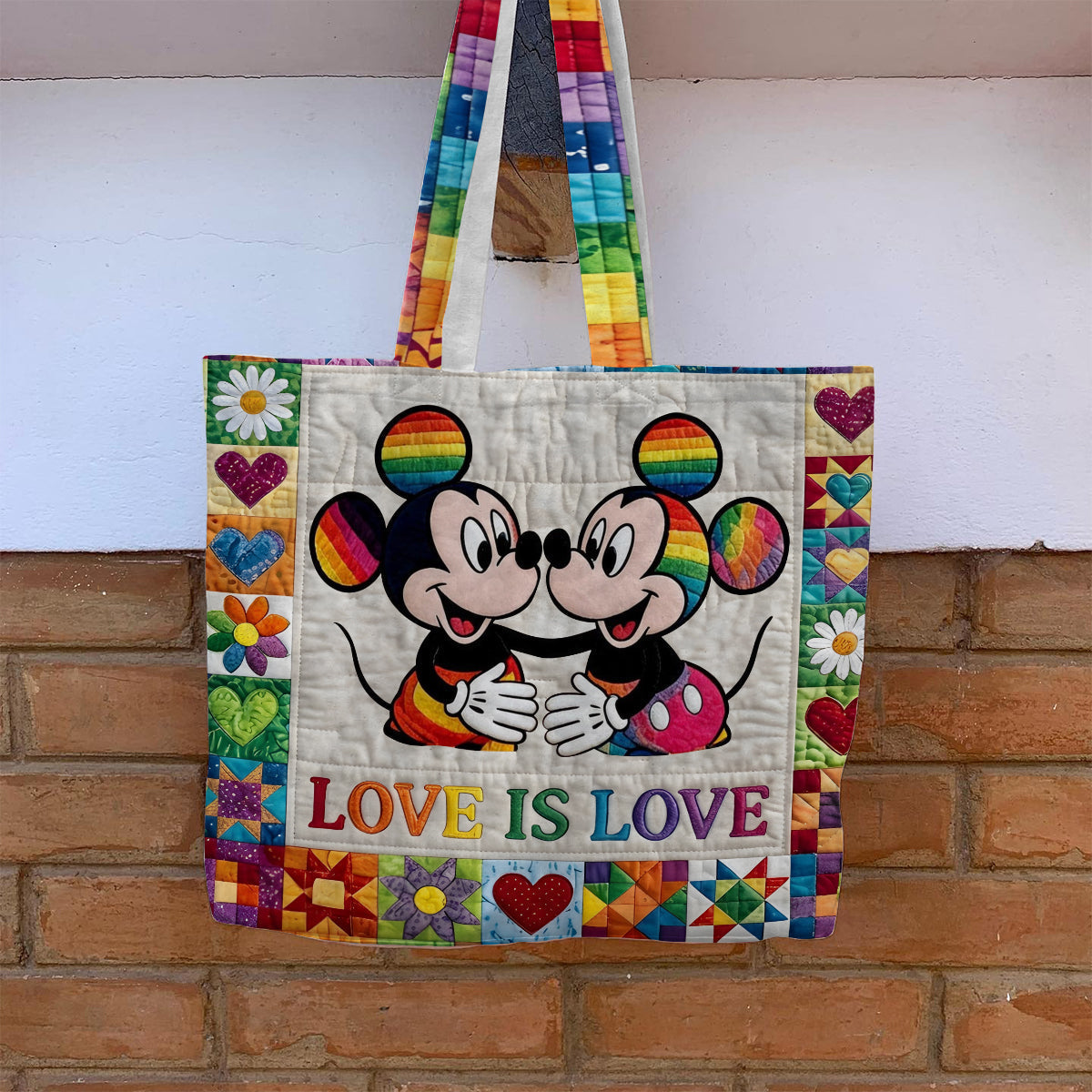 Personalized LGBT Pride Quilted Tote Bag with Cartoon Mouse Art Quilted Tote Bag GradoCreations