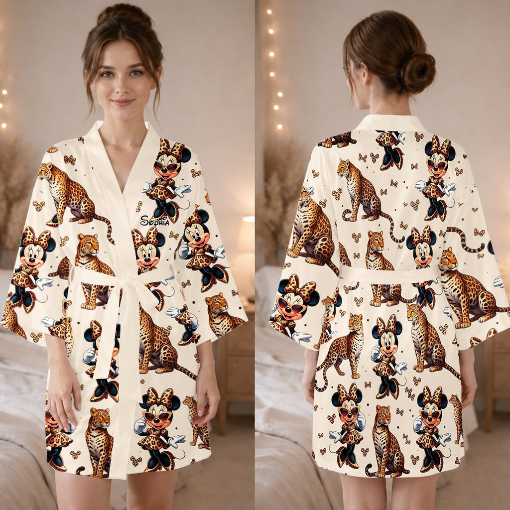 Personalized Cute Cheetah Print Satin Robe Custom Name Gift Satin Robe GradoCreations