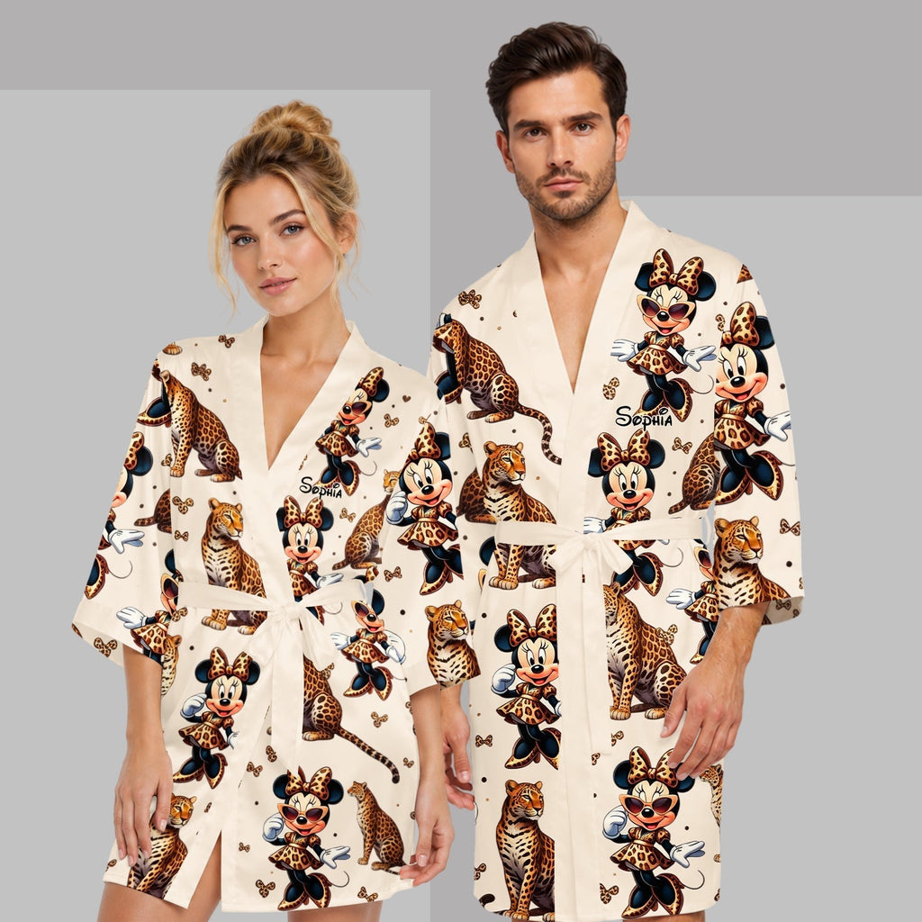 Personalized Cute Cheetah Print Satin Robe Custom Name Gift Satin Robe GradoCreations