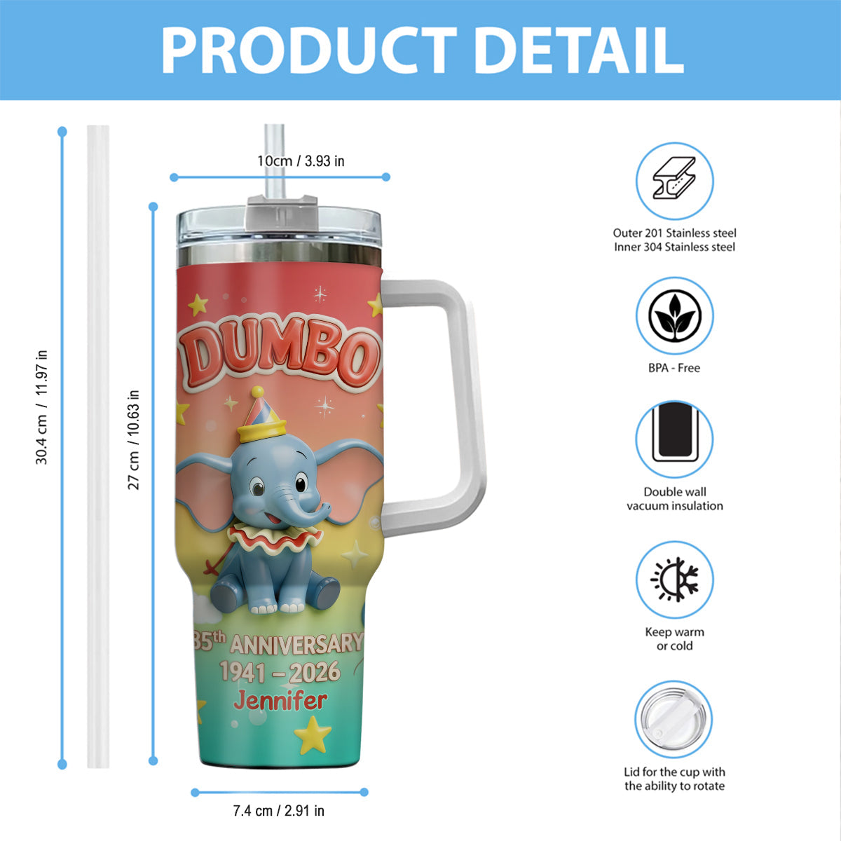 Personalized Baby Elephant Tumbler with Handle for 85th Anniversary Gift Tumbler With Handle GradoCreations
