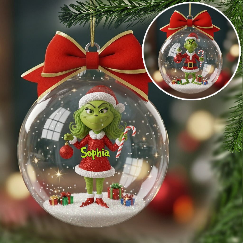 Personalized Grinch Snow Globe Ornament with Bow - Custom Christmas Gift Snow Globe Ornament With Bow GradoCreations