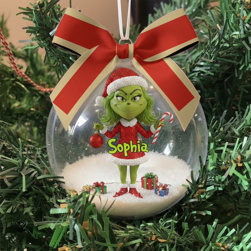 Personalized Grinch Snow Globe Ornament with Bow - Custom Christmas Gift Snow Globe Ornament With Bow GradoCreations