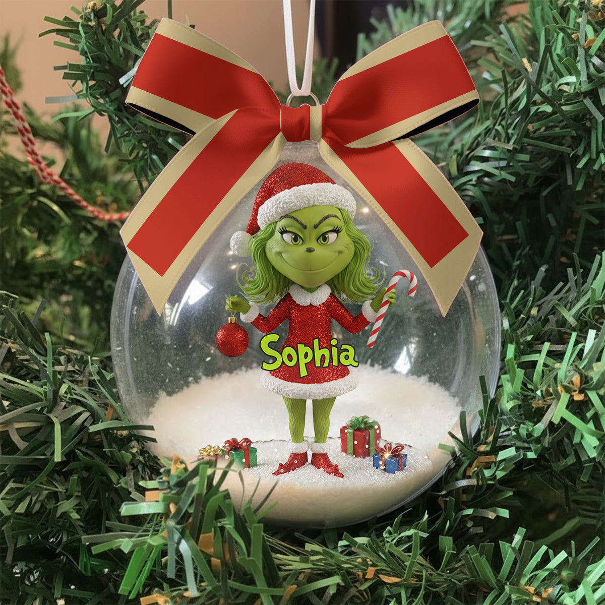 Personalized Grinch Snow Globe Ornament with Bow - Custom Christmas Gift Snow Globe Ornament With Bow GradoCreations