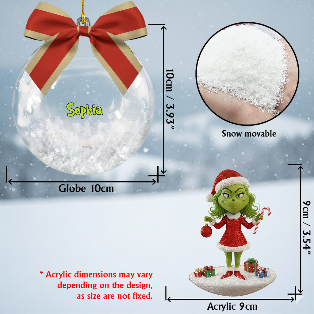 Personalized Grinch Snow Globe Ornament with Bow - Custom Christmas Gift Snow Globe Ornament With Bow GradoCreations