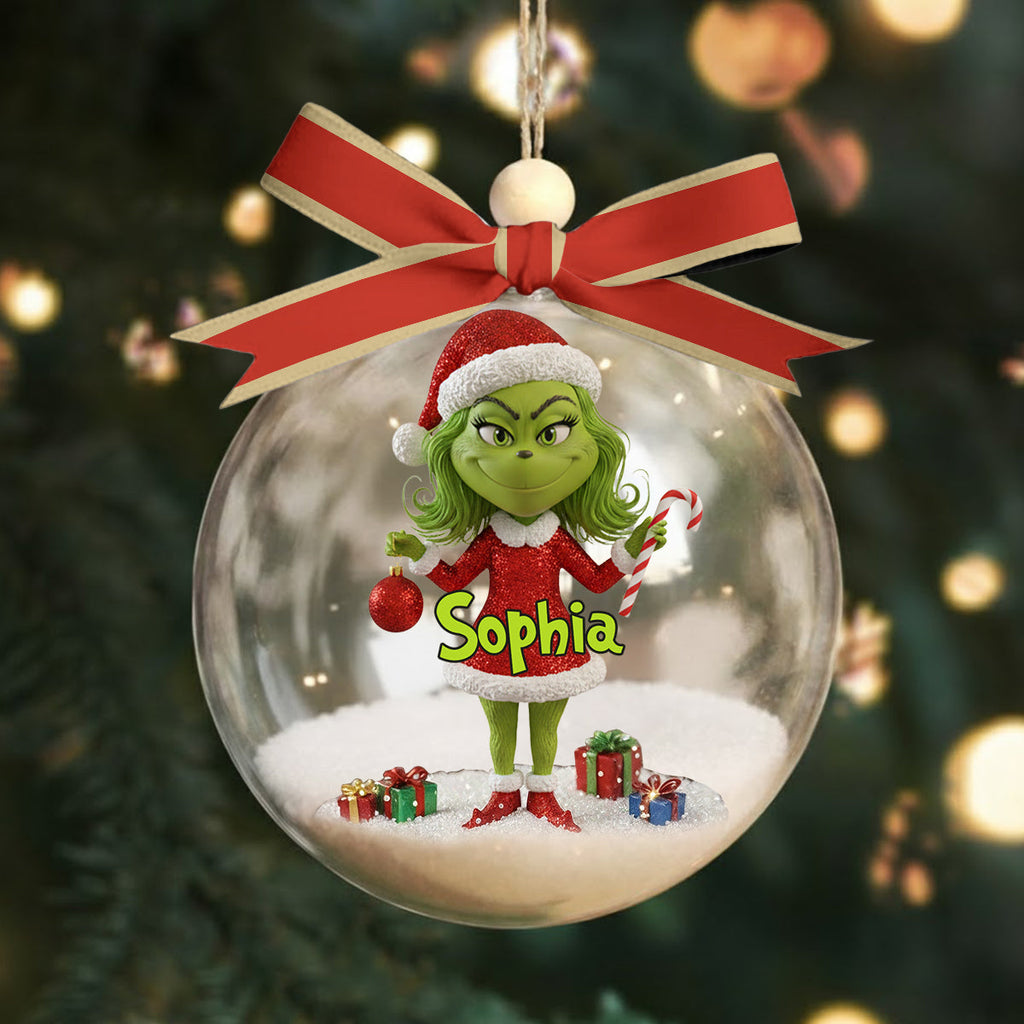 Personalized Grinch Snow Globe Ornament with Bow - Custom Christmas Gift Snow Globe Ornament With Bow GradoCreations