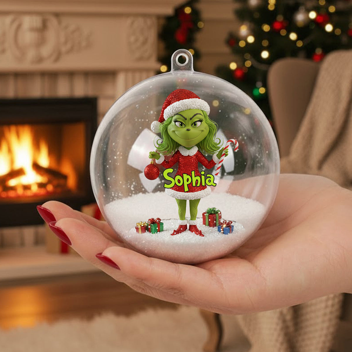 Personalized Grinch Snow Globe Ornament with Bow - Custom Christmas Gift Snow Globe Ornament With Bow GradoCreations