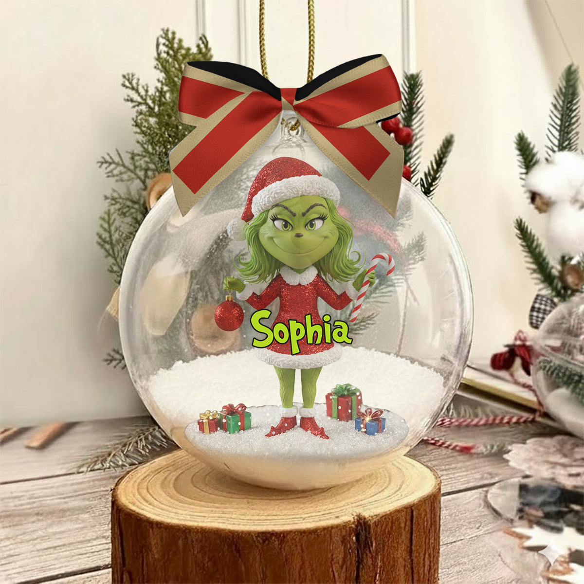 Personalized Grinch Snow Globe Ornament with Bow - Custom Christmas Gift Snow Globe Ornament With Bow GradoCreations