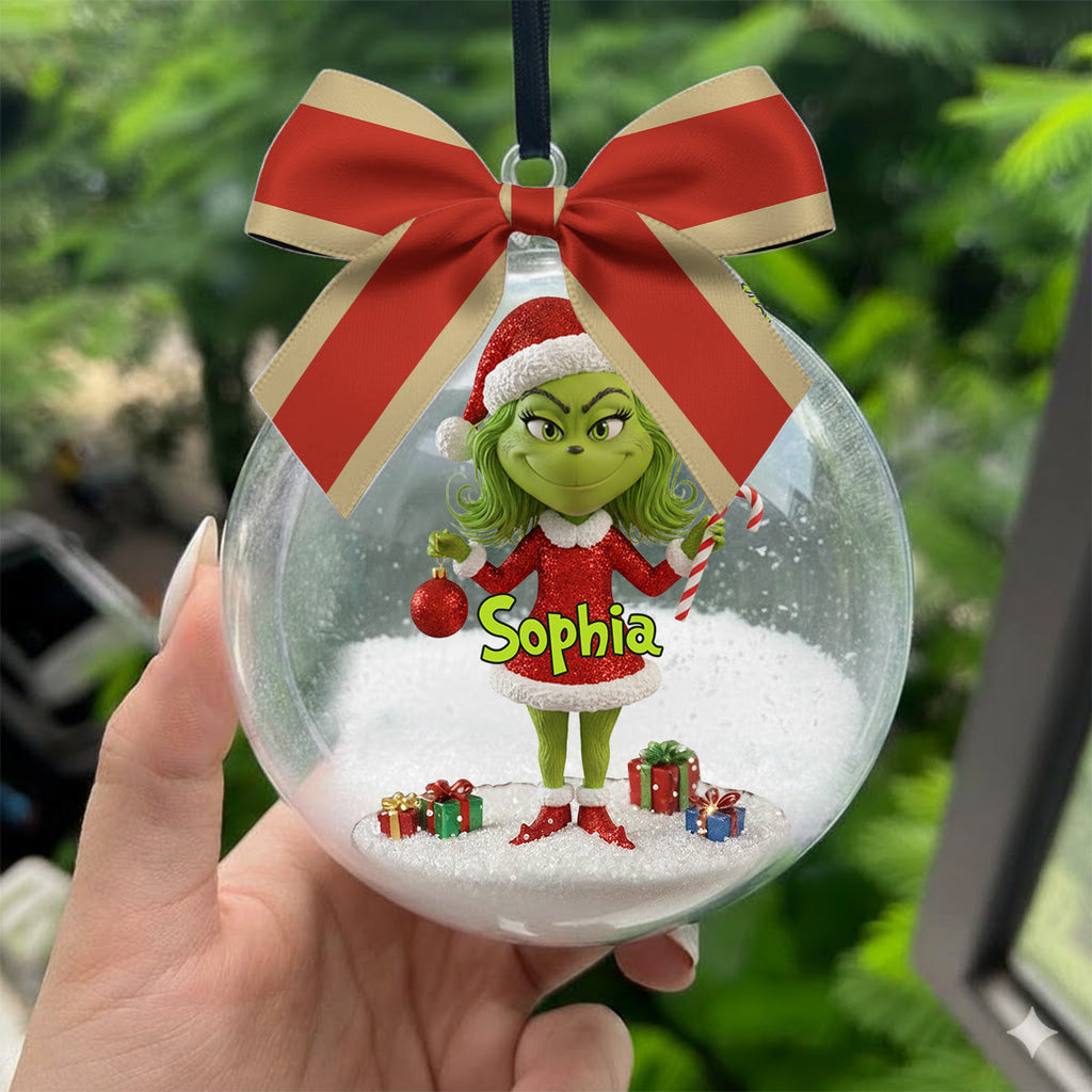 Personalized Grinch Snow Globe Ornament with Bow - Custom Christmas Gift Snow Globe Ornament With Bow GradoCreations