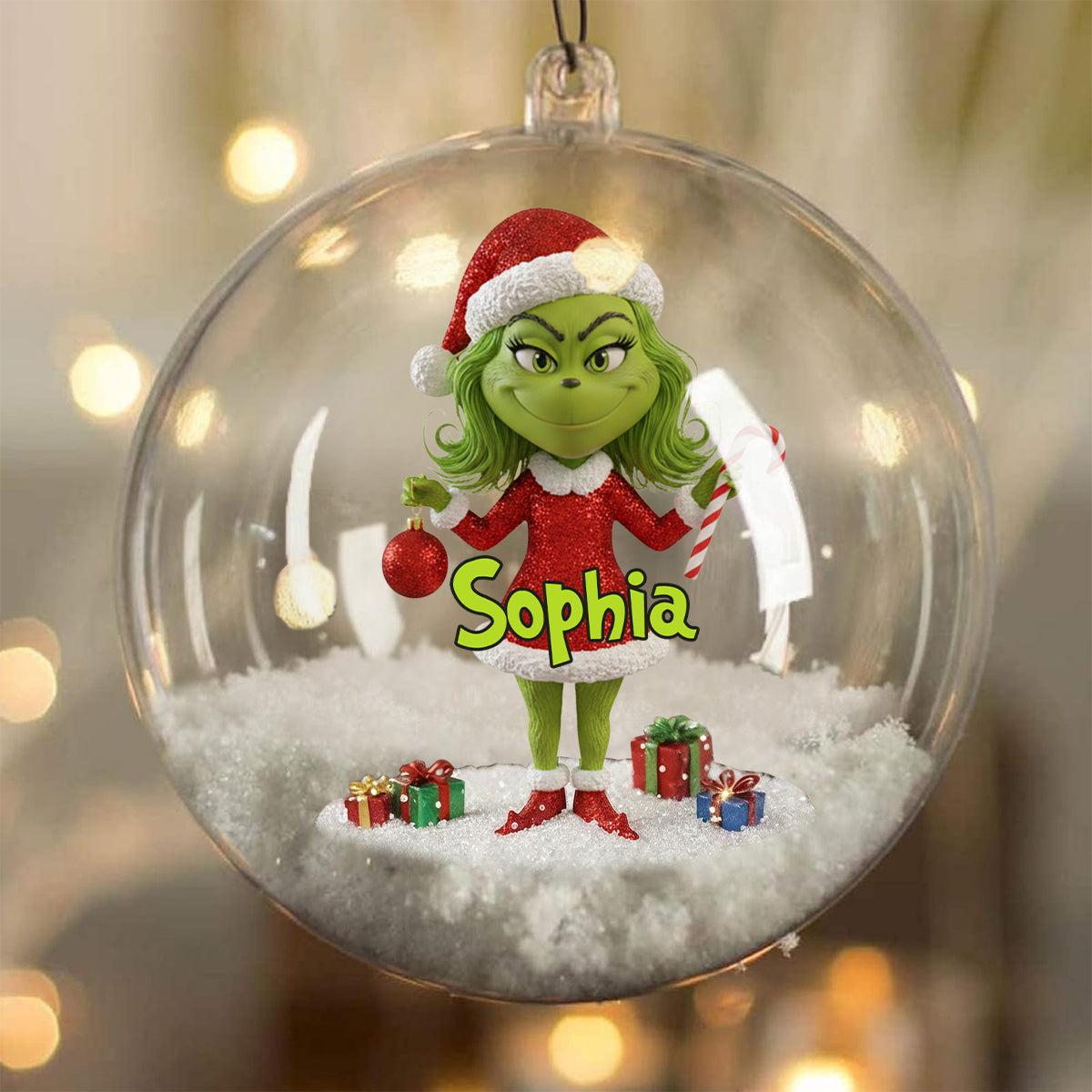 Personalized Grinch Snow Globe Ornament with Bow - Custom Christmas Gift Snow Globe Ornament With Bow GradoCreations