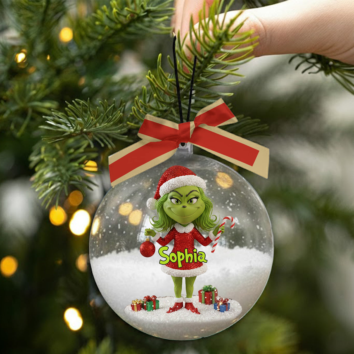 Personalized Grinch Snow Globe Ornament with Bow - Custom Christmas Gift Snow Globe Ornament With Bow GradoCreations