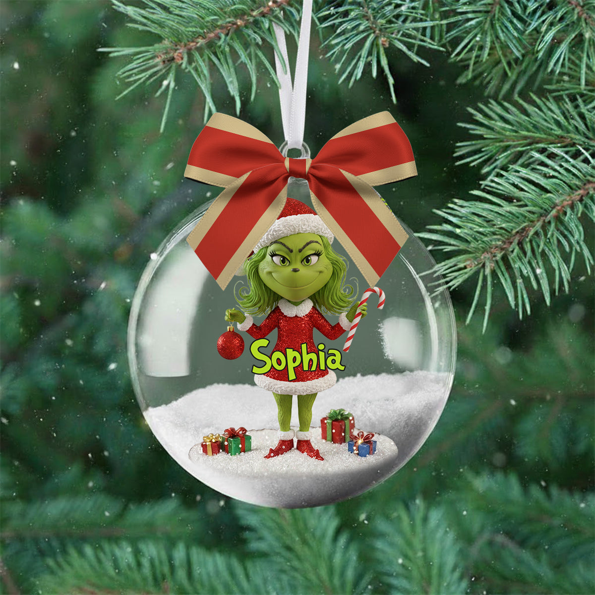 Personalized Grinch Snow Globe Ornament with Bow - Custom Christmas Gift Snow Globe Ornament With Bow GradoCreations