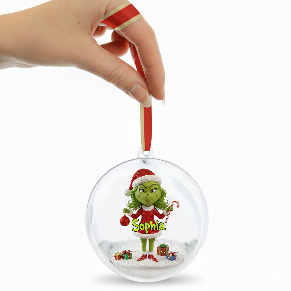 Personalized Grinch Snow Globe Ornament with Bow - Custom Christmas Gift Snow Globe Ornament With Bow GradoCreations