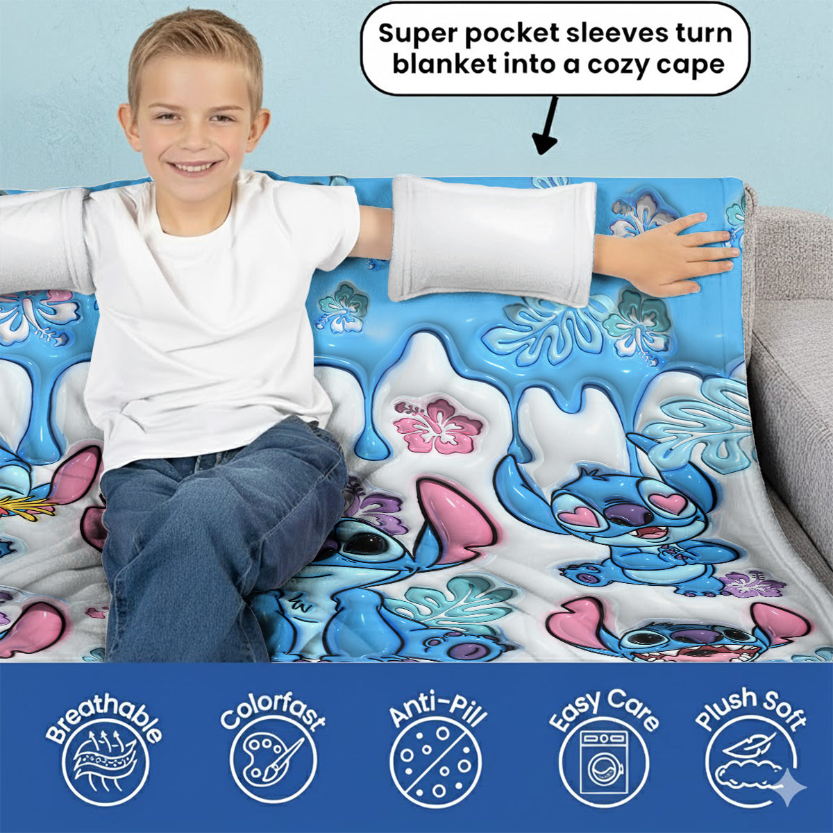 Personalized Wearable Blanket with Stitch Design for Adults and Kids Wearable Blanket GradoCreations