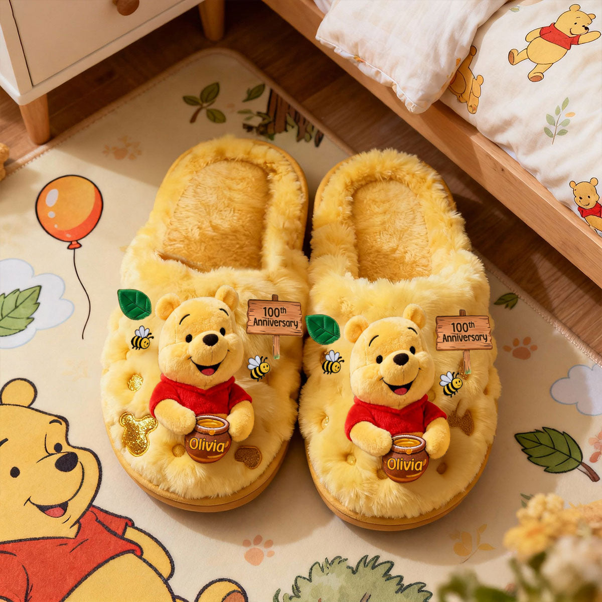 Personalized 100th Anniversary Yellow Bear Slippers Custom Name Gift Slippers GradoCreations
