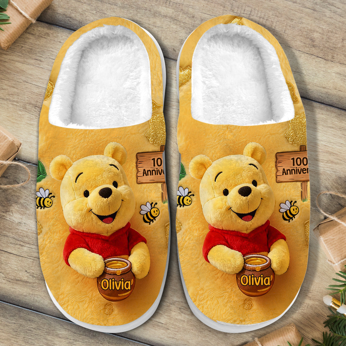 Personalized 100th Anniversary Yellow Bear Slippers Custom Name Gift Slippers GradoCreations