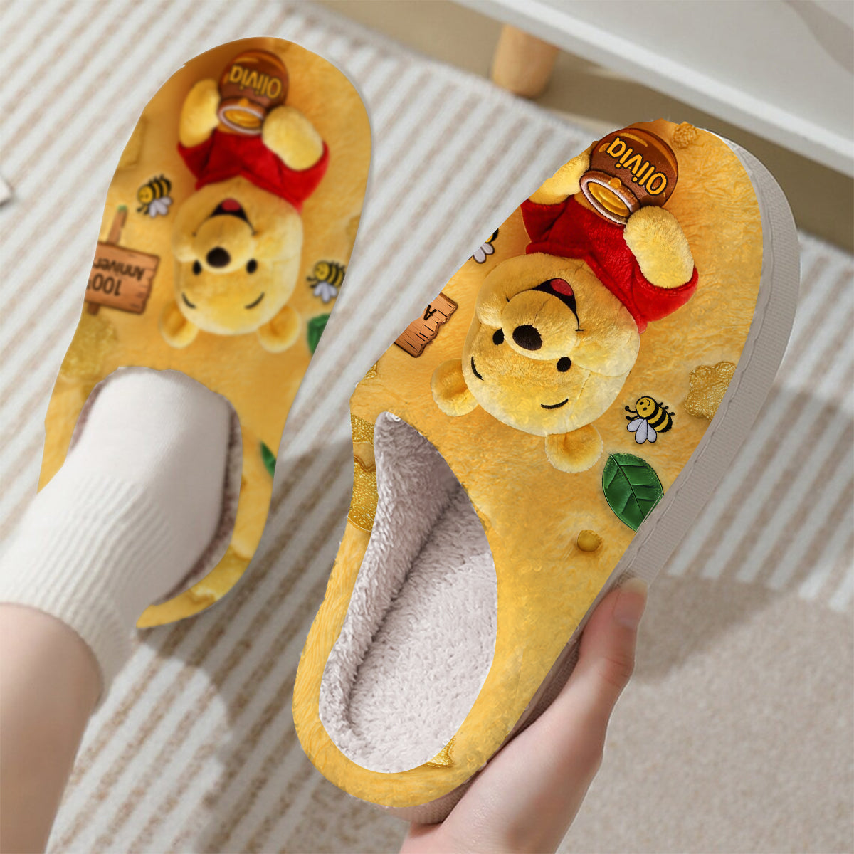Personalized 100th Anniversary Yellow Bear Slippers Custom Name Gift Slippers GradoCreations