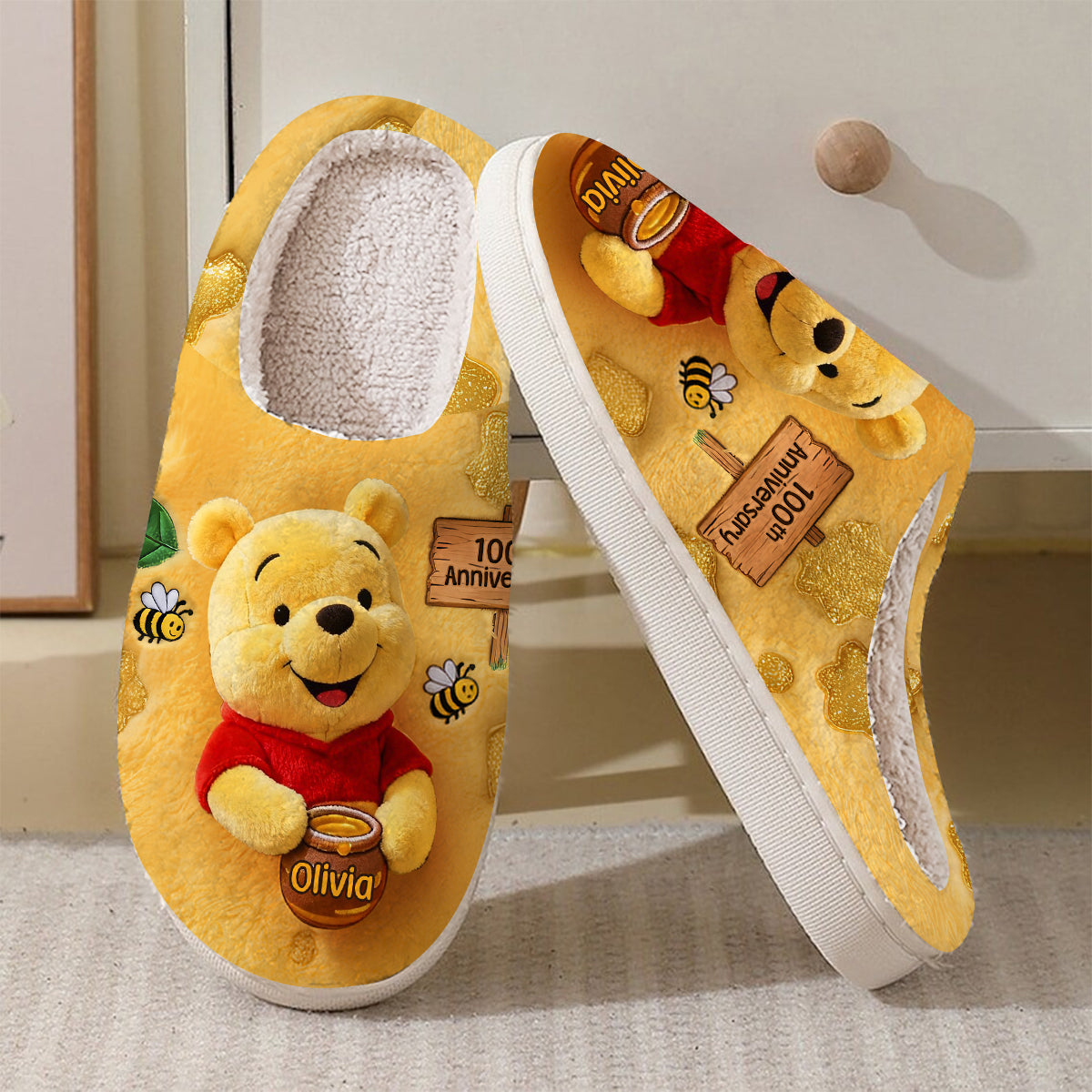Personalized 100th Anniversary Yellow Bear Slippers Custom Name Gift Slippers GradoCreations
