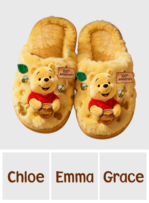 Personalized 100th Anniversary Yellow Bear Slippers Custom Name Gift Slippers GradoCreations