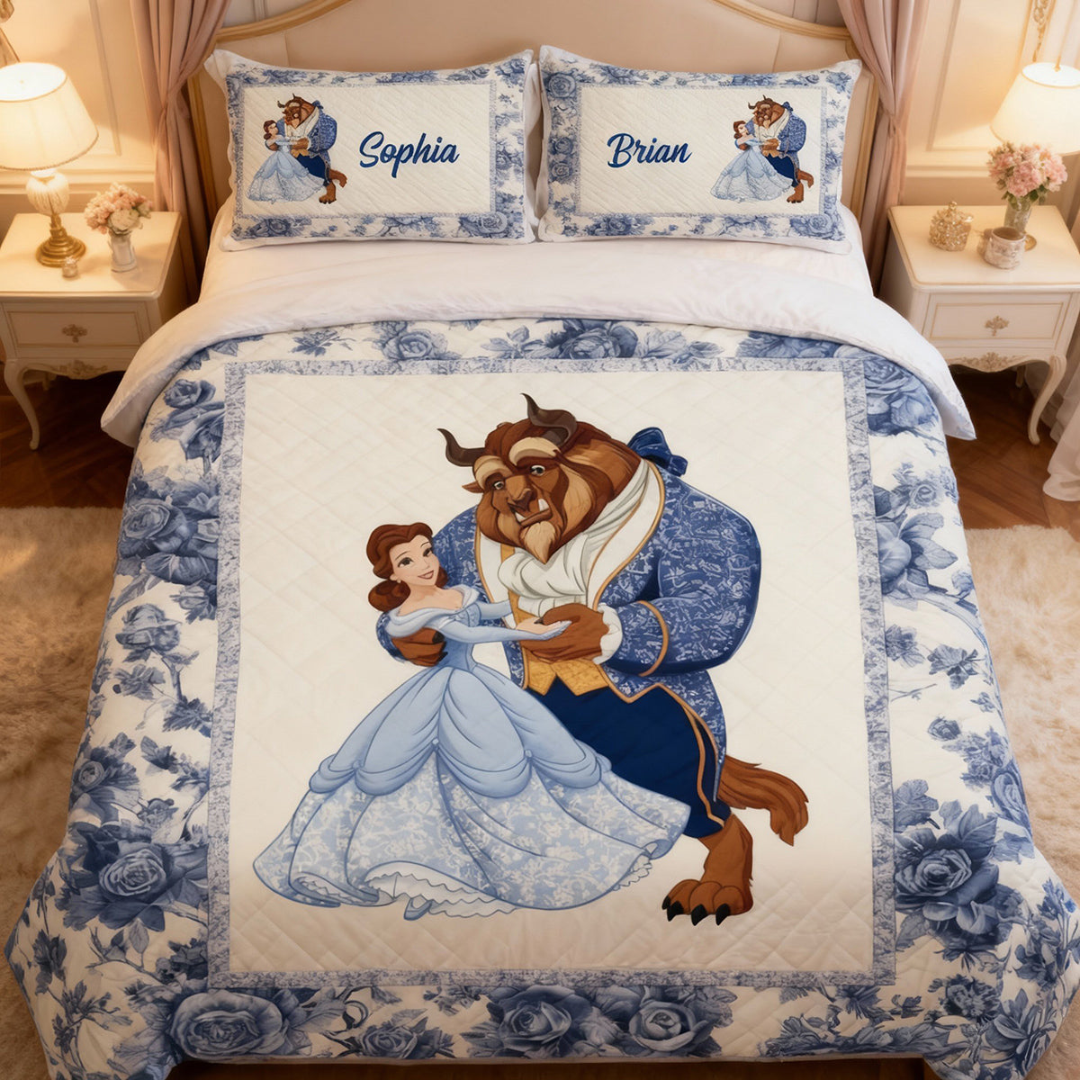Personalized Couple Bedding Set with Princess and Beast Design Bedding Set GradoCreations