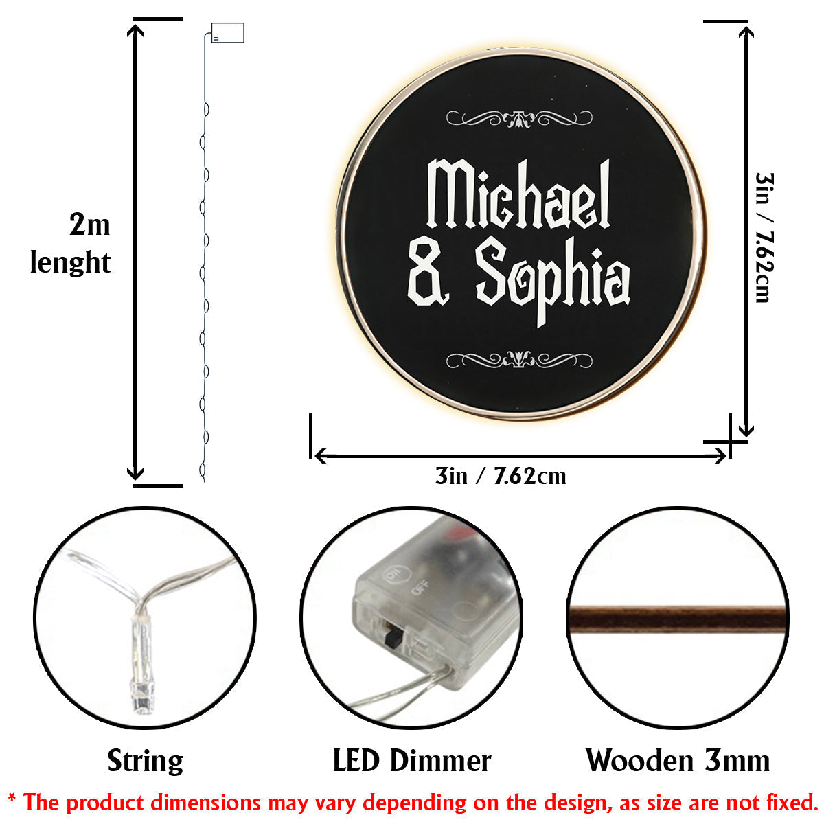 Personalized String Lights with Custom 3mm Wood Covers for Couples String Lights GradoCreations