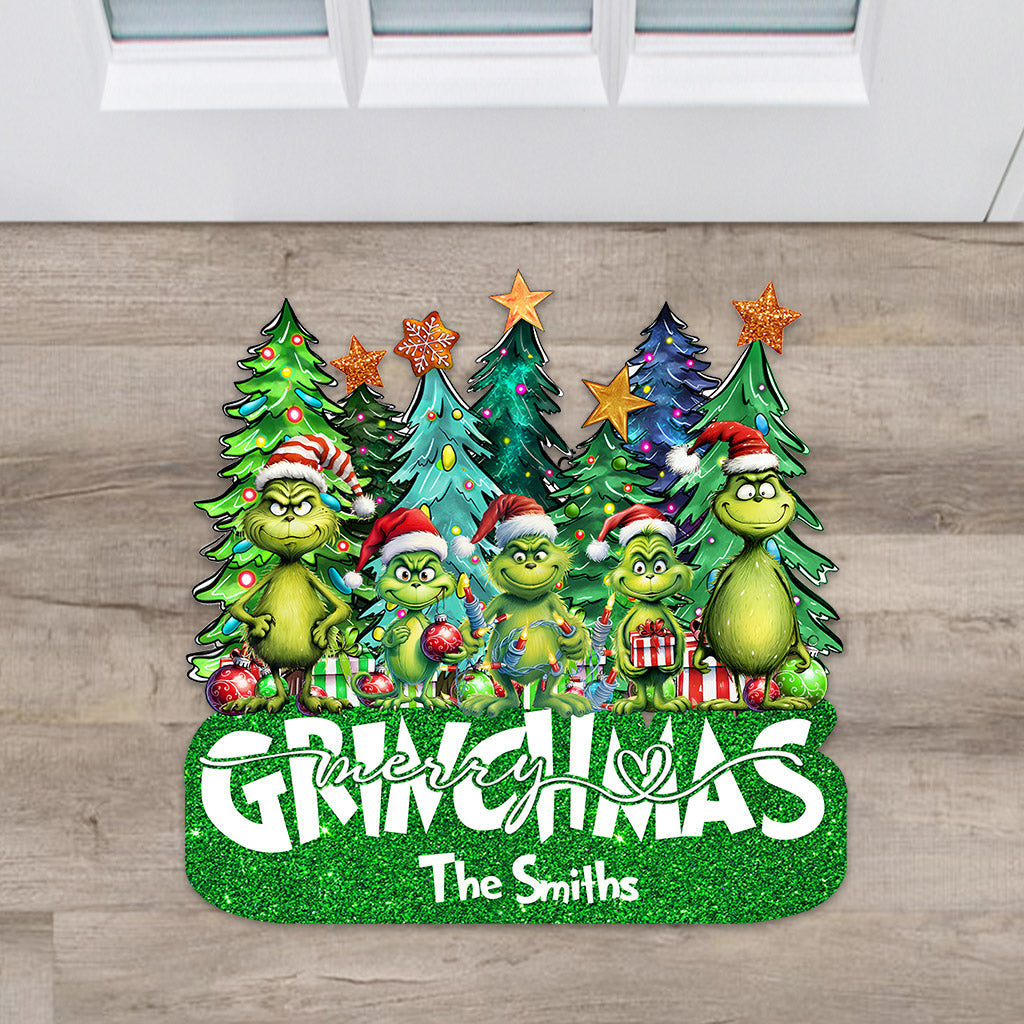 Personalized Merry Grinchmas Shaped Doormat Custom Family Name Holiday Decor Shaped Doormat GradoCreations