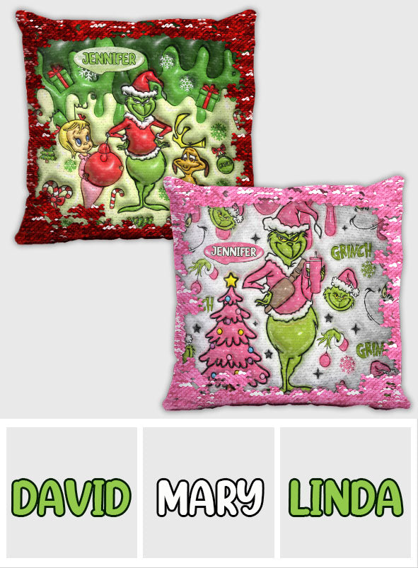 Personalized Sequin Pillow Cover with Grinch Design for Christmas Gift Sequin Pillow Cover GradoCreations