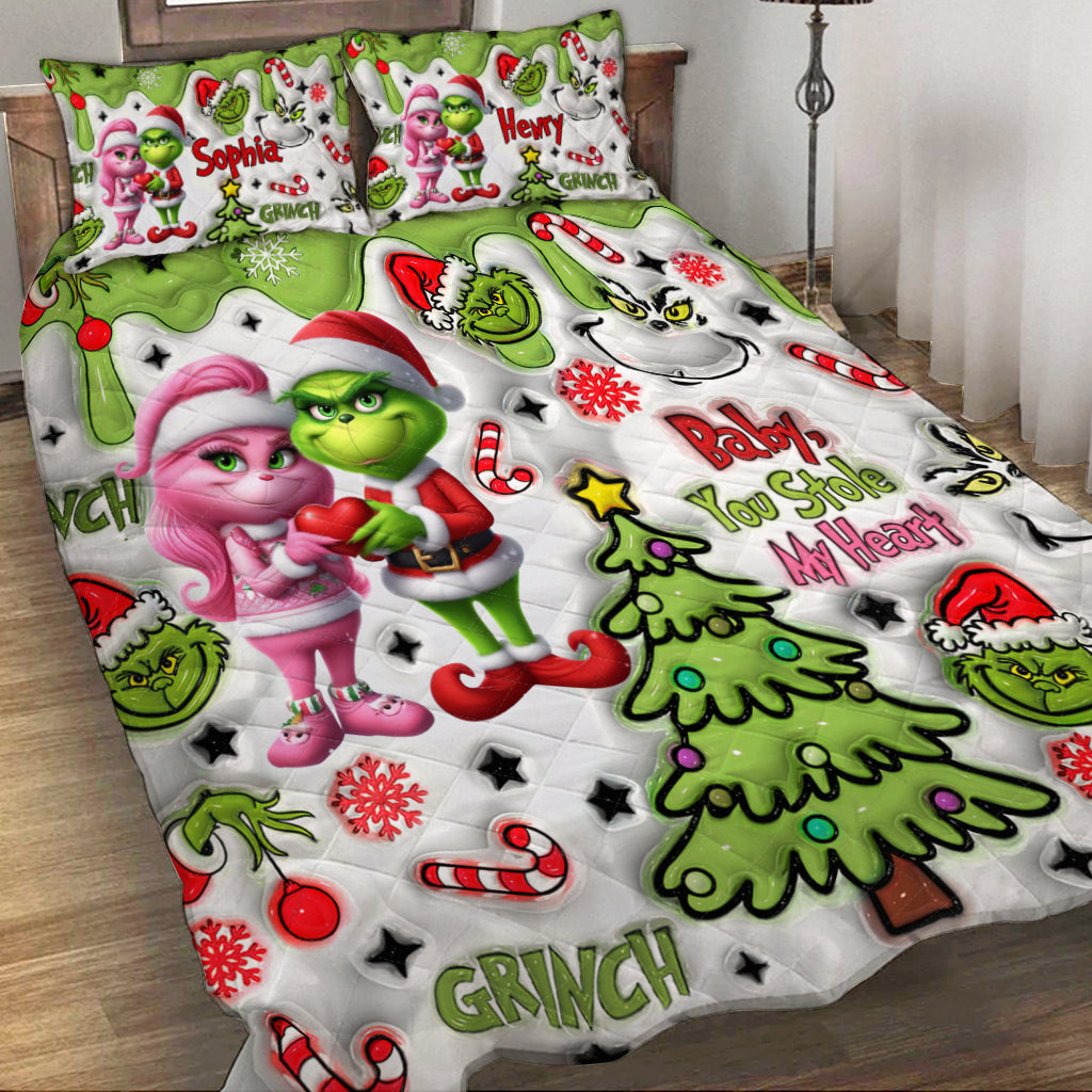 Personalized Grinch Christmas Quilt Set Custom Names Gift Quilt Set GradoCreations
