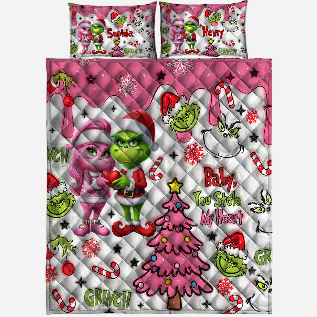 Personalized Grinch Christmas Quilt Set Custom Names Gift Quilt Set GradoCreations