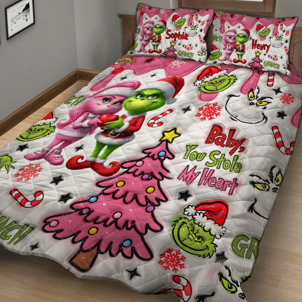 Personalized Grinch Christmas Quilt Set Custom Names Gift Quilt Set GradoCreations