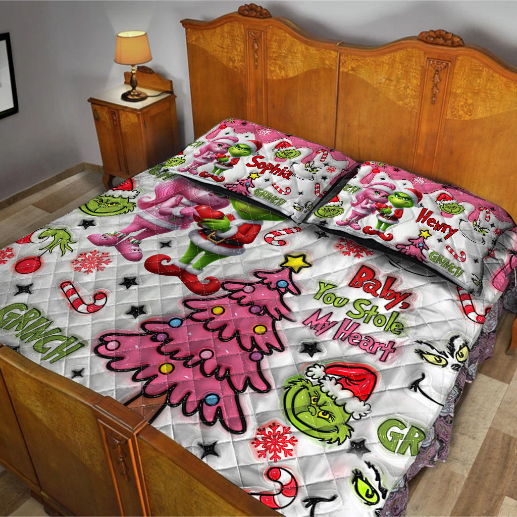 Personalized Grinch Christmas Quilt Set Custom Names Gift Quilt Set GradoCreations