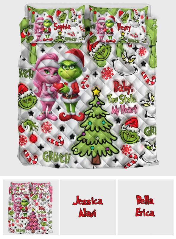 Personalized Grinch Christmas Quilt Set Custom Names Gift Quilt Set GradoCreations
