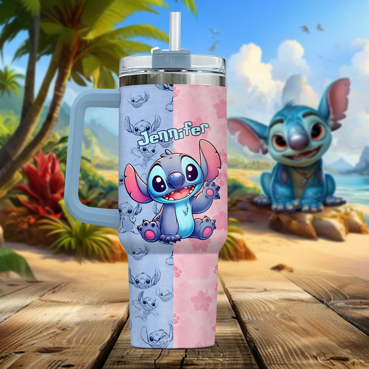Personalized Pink and Blue Ohana Tumbler with Handle Custom Name Gift for Friends Tumbler With Handle GradoCreations