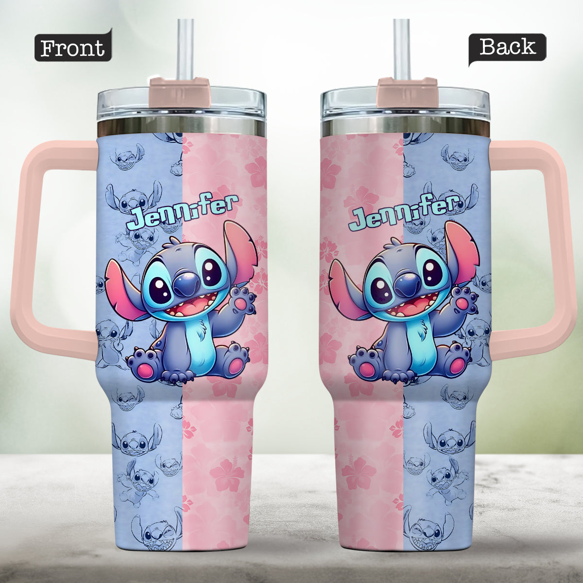 Personalized Pink and Blue Ohana Tumbler with Handle Custom Name Gift for Friends Tumbler With Handle GradoCreations