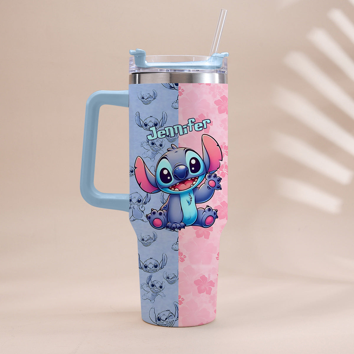 Personalized Pink and Blue Ohana Tumbler with Handle Custom Name Gift for Friends Tumbler With Handle GradoCreations